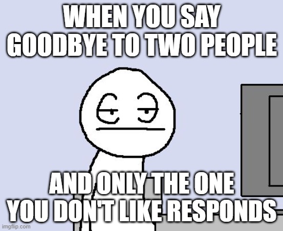 seriously? | WHEN YOU SAY GOODBYE TO TWO PEOPLE; AND ONLY THE ONE YOU DON'T LIKE RESPONDS | image tagged in bored of this crap,crap,why tho | made w/ Imgflip meme maker