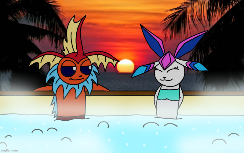 sylceon and flaroreon in a spa bath (by PT) | image tagged in sylceon and flaroreon in a spa bath by pt | made w/ Imgflip meme maker