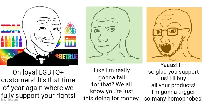 There are at least two kinds of leftists during pride month | Yaaas! I'm so glad you support us! I'll buy all your products! I'm gonna trigger so many homophobes! Like I'm really gonna fall for that? We all know you're just this doing for money. Oh loyal LGBTQ+ customers! It's that time of year again where we fully support your rights! | image tagged in political compass,lgbtq,pride month,rainbow capitalism,orange lib left | made w/ Imgflip meme maker