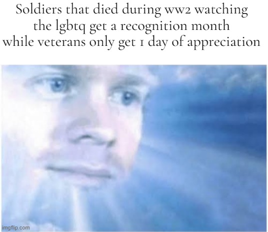 Soldiers that died during ww2 watching the lgbtq get a recognition month while veterans only get 1 day of appreciation | image tagged in blank white template,in heaven looking down | made w/ Imgflip meme maker