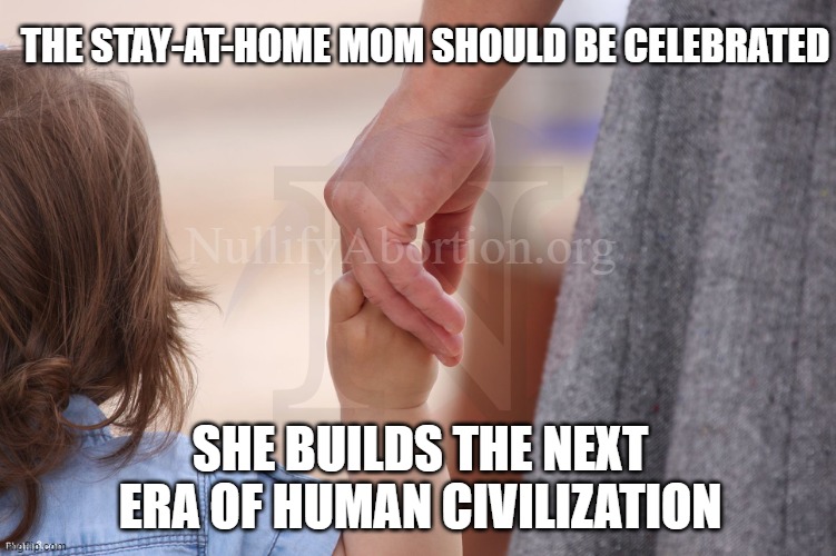 Praise Mothers, Building Civilization | THE STAY-AT-HOME MOM SHOULD BE CELEBRATED; NullifyAbortion.org; SHE BUILDS THE NEXT ERA OF HUMAN CIVILIZATION | image tagged in mother and child holding hands,mom,mother,stay at home,civilization | made w/ Imgflip meme maker