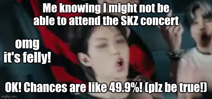 :(x1000 | Me knowing I might not be able to attend the SKZ concert; omg it's felly! OK! Chances are like 49.9%! (plz be true!) | image tagged in felix,skz,concerts | made w/ Imgflip meme maker