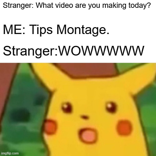 Surprised Pikachu | Stranger: What video are you making today? ME: Tips Montage. Stranger:WOWWWWW | image tagged in memes,surprised pikachu | made w/ Imgflip meme maker