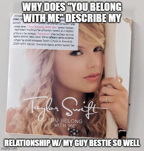WHY DOES "YOU BELONG WITH ME" DESCRIBE MY; RELATIONSHIP W/ MY GUY BESTIE SO WELL | image tagged in memes,taylor swift,music,songs | made w/ Imgflip meme maker