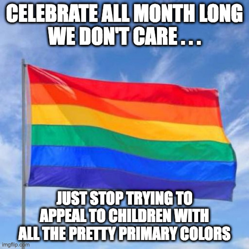 Gay pride flag | CELEBRATE ALL MONTH LONG
WE DON'T CARE . . . JUST STOP TRYING TO APPEAL TO CHILDREN WITH ALL THE PRETTY PRIMARY COLORS | image tagged in gay pride flag,children | made w/ Imgflip meme maker