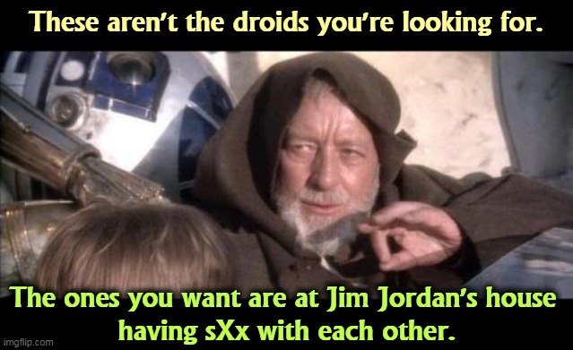 How does he know that? | These aren't the droids you're looking for. The ones you want are at Jim Jordan's house 
having sXx with each other. | image tagged in memes,these aren't the droids you were looking for,obi wan kenobi,star wars,these arent the droids you were looking for,droids | made w/ Imgflip meme maker