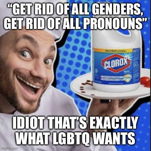 Chef serving clorox | “GET RID OF ALL GENDERS, GET RID OF ALL PRONOUNS”; IDIOT THAT’S EXACTLY
WHAT LGBTQ WANTS | image tagged in chef serving clorox | made w/ Imgflip meme maker