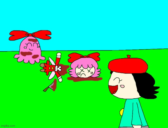 Adeleine and Chuchu are so glad to see Ribbon's death | image tagged in kirby,gore,blood,funny,cute,fanart | made w/ Imgflip meme maker
