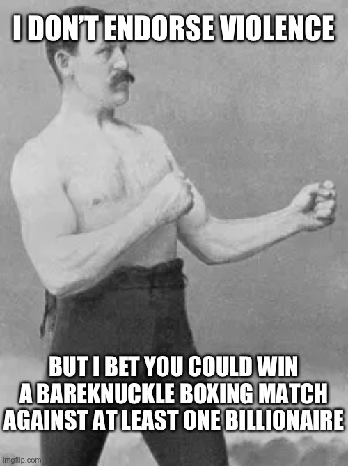 Fisticuffs | I DON’T ENDORSE VIOLENCE; BUT I BET YOU COULD WIN A BAREKNUCKLE BOXING MATCH AGAINST AT LEAST ONE BILLIONAIRE | image tagged in fisticuffs | made w/ Imgflip meme maker