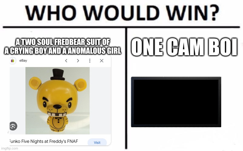 Who Would Win? | A TWO SOUL FREDBEAR SUIT OF A CRYING BOY AND A ANOMALOUS GIRL; ONE CAM BOI | image tagged in memes,who would win | made w/ Imgflip meme maker