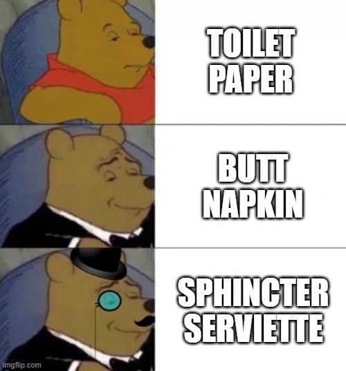 real | TOILET PAPER; BUTT NAPKIN; SPHINCTER SERVIETTE | image tagged in fancy pooh,toilet paper | made w/ Imgflip meme maker
