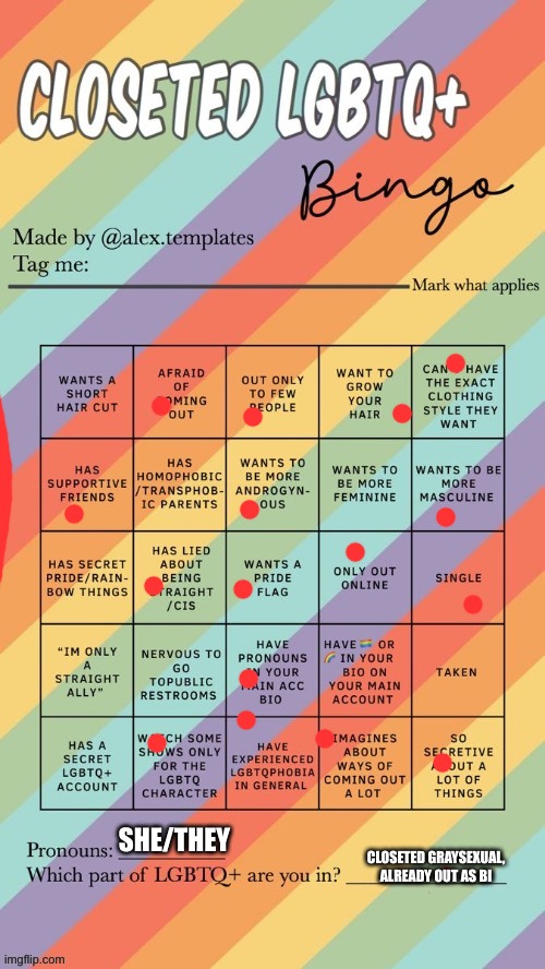 Only for Graysexual, I'm already out as bi!! | SHE/THEY; CLOSETED GRAYSEXUAL, ALREADY OUT AS BI | image tagged in closeted lgbtq bingo | made w/ Imgflip meme maker