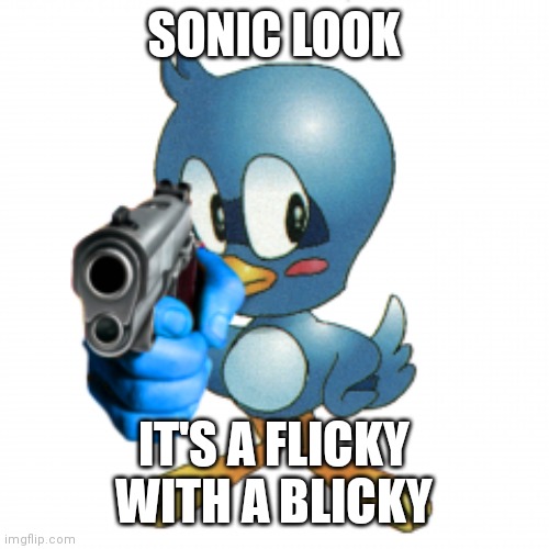 FLICKY WITH A BLICKY | SONIC LOOK; IT'S A FLICKY WITH A BLICKY | image tagged in flicky with a blicky | made w/ Imgflip meme maker