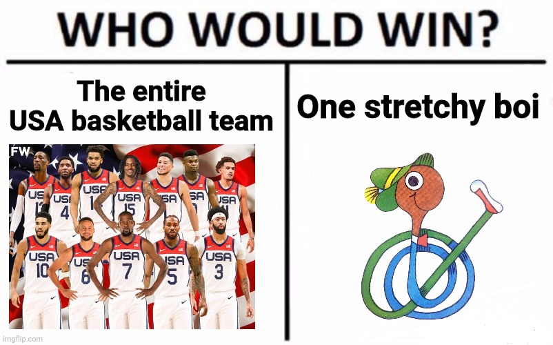 USA National Basketball Team vs Lowly from Richard Scarry books | The entire USA basketball team; One stretchy boi | image tagged in memes,who would win,basketball,usa,richard scarry,book | made w/ Imgflip meme maker