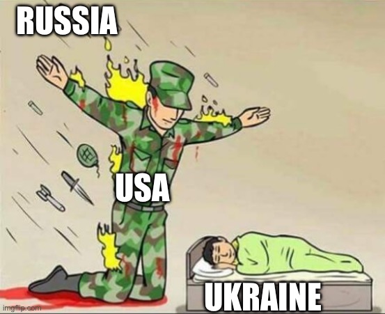 Us always be saving | RUSSIA; USA; UKRAINE | image tagged in soldier protecting sleeping child | made w/ Imgflip meme maker