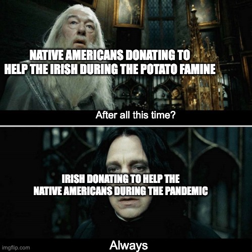 irish are nice | NATIVE AMERICANS DONATING TO HELP THE IRISH DURING THE POTATO FAMINE; After all this time? IRISH DONATING TO HELP THE NATIVE AMERICANS DURING THE PANDEMIC; Always | image tagged in after all this time | made w/ Imgflip meme maker