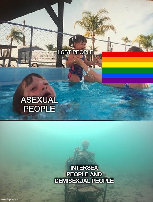 For Real, I Didn't Know Intersex Existed Until This Year! | LGBT PEOPLE; ASEXUAL PEOPLE; INTERSEX PEOPLE AND DEMISEXUAL PEOPLE | image tagged in mother ignoring kid drowning in a pool,intersex | made w/ Imgflip meme maker