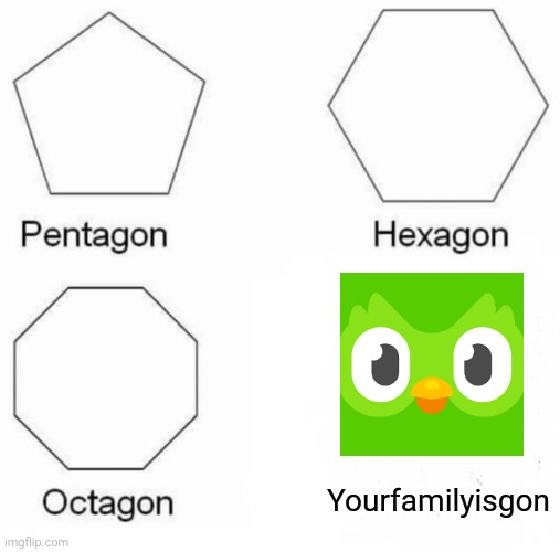 LoOkS LikE YoU MiSSEd yOur SpAniSH LesSoNs ToDAy... YoU kNOw WHAt HaPPenS NoW! | Yourfamilyisgon | image tagged in memes,pentagon hexagon octagon,duolingo bird,oh no,front page plz | made w/ Imgflip meme maker
