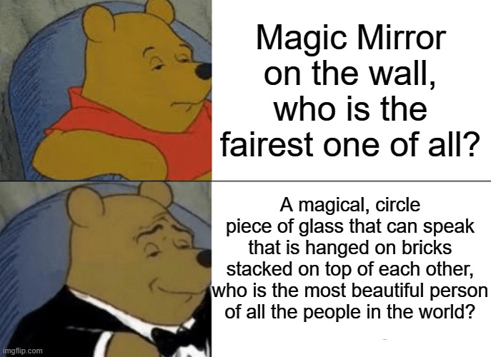 OK. I think I over did the fancy part. | Magic Mirror on the wall, who is the fairest one of all? A magical, circle piece of glass that can speak that is hanged on bricks stacked on top of each other, who is the most beautiful person of all the people in the world? | image tagged in memes,tuxedo winnie the pooh,snow white | made w/ Imgflip meme maker