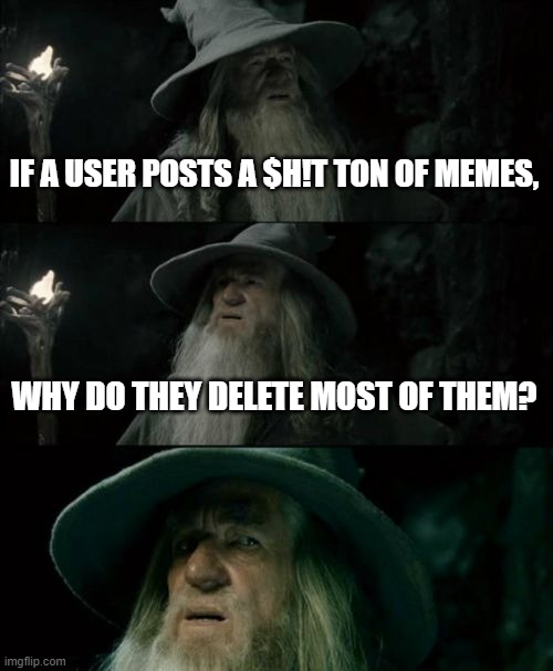 Why do we all do this? | IF A USER POSTS A $H!T TON OF MEMES, WHY DO THEY DELETE MOST OF THEM? | image tagged in memes,confused gandalf | made w/ Imgflip meme maker