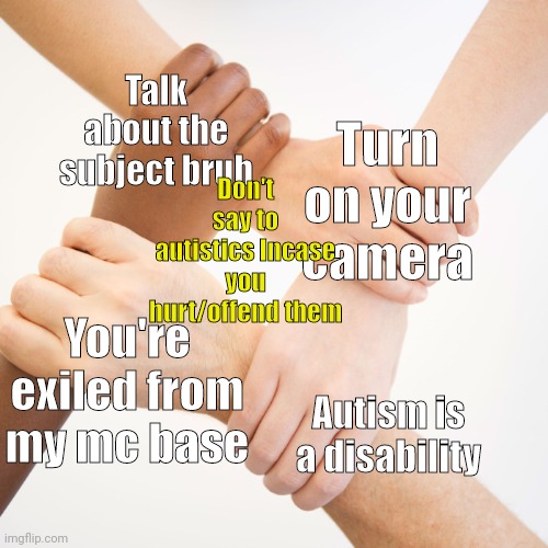 I think people who call it a disability have an IQ disability | Talk about the subject bruh; Turn on your camera; Don't say to autistics Incase you hurt/offend them; You're exiled from my mc base; Autism is a disability | image tagged in 4 people shaking hands,autism,so true | made w/ Imgflip meme maker