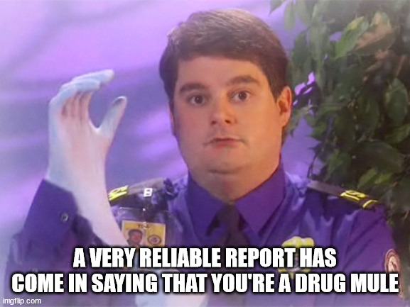 TSA Douche Meme | A VERY RELIABLE REPORT HAS COME IN SAYING THAT YOU'RE A DRUG MULE | image tagged in memes,tsa douche | made w/ Imgflip meme maker