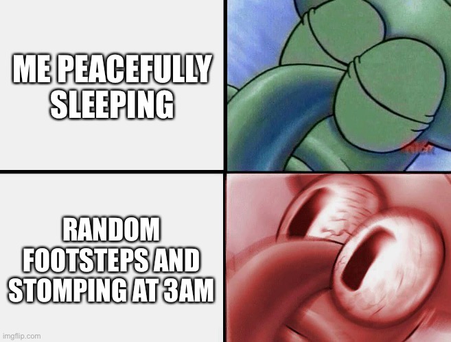 sleeping Squidward | ME PEACEFULLY SLEEPING; RANDOM FOOTSTEPS AND STOMPING AT 3AM | image tagged in sleeping squidward | made w/ Imgflip meme maker