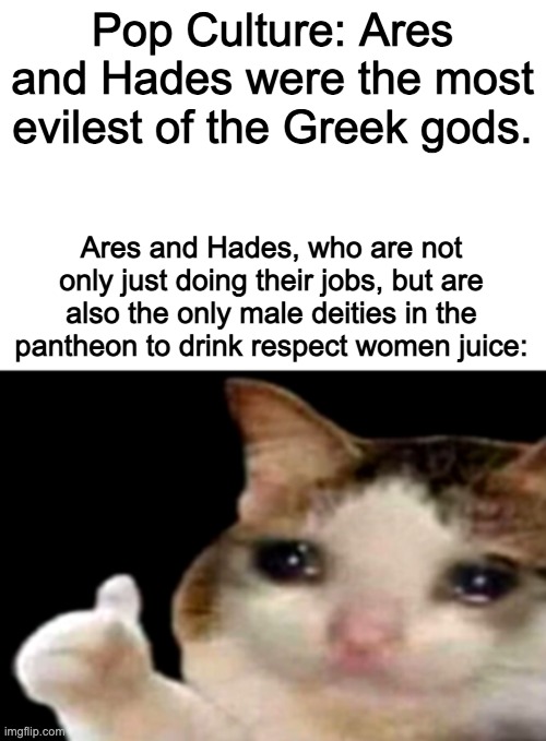 These guys get a bad rap. | Pop Culture: Ares and Hades were the most evilest of the Greek gods. Ares and Hades, who are not only just doing their jobs, but are also the only male deities in the pantheon to drink respect women juice: | image tagged in sad cat thumbs up white spacing,greek mythology | made w/ Imgflip meme maker