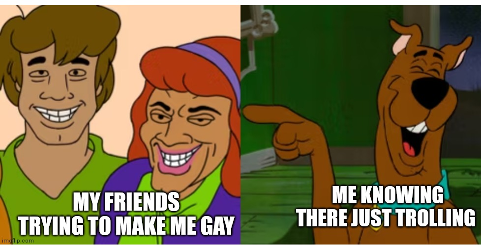 Scooby and I know there just trolling | ME KNOWING THERE JUST TROLLING; MY FRIENDS TRYING TO MAKE ME GAY | image tagged in funny memes,scooby doo,just trolling | made w/ Imgflip meme maker