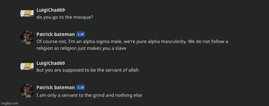 patrick bateman not being servant of allah???!!! | made w/ Imgflip meme maker
