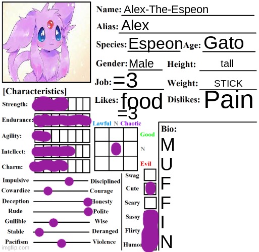 =3 | Alex-The-Espeon; Alex; Gato; Espeon; Male; tall; =3; STICK; Pain; food; =3; M
U
F
F
I
N | image tagged in character chart by liamsworlds | made w/ Imgflip meme maker