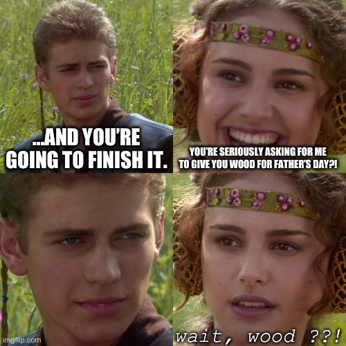Anakin Padme 4 Panel | …AND YOU’RE GOING TO FINISH IT. YOU’RE SERIOUSLY ASKING FOR ME TO GIVE YOU WOOD FOR FATHER’S DAY?! wait, wood ??! | image tagged in anakin padme 4 panel | made w/ Imgflip meme maker