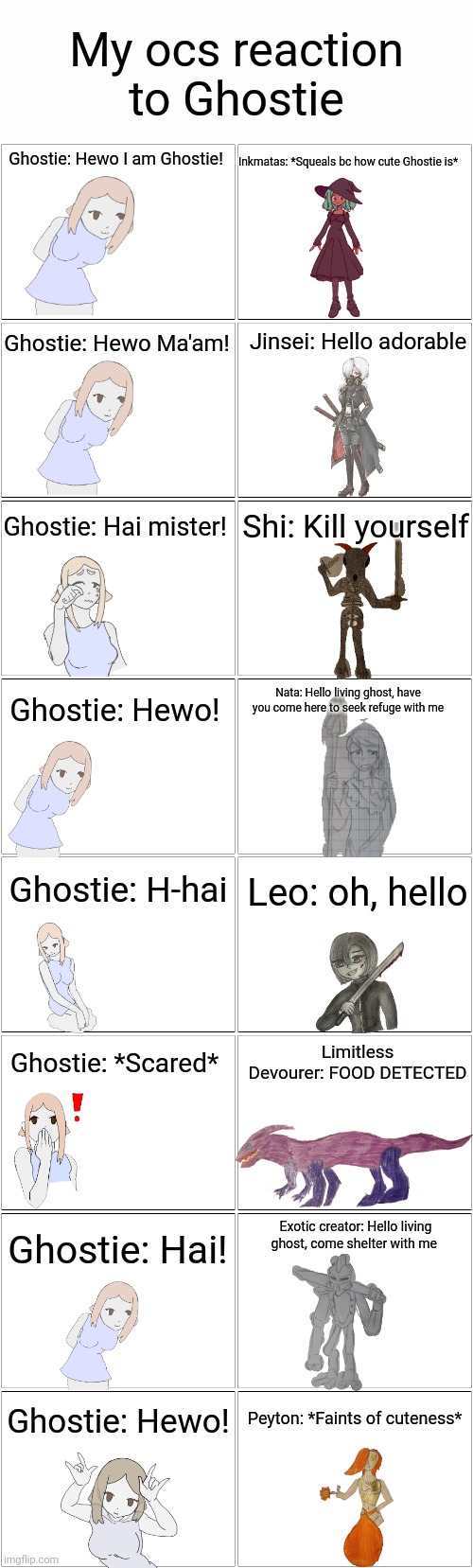 Blank Comic Panel 2x8 | My ocs reaction to Ghostie; Ghostie: Hewo I am Ghostie! Inkmatas: *Squeals bc how cute Ghostie is*; Ghostie: Hewo Ma'am! Jinsei: Hello adorable; Shi: Kill yourself; Ghostie: Hai mister! Nata: Hello living ghost, have you come here to seek refuge with me; Ghostie: Hewo! Ghostie: H-hai; Leo: oh, hello; Limitless Devourer: FOOD DETECTED; Ghostie: *Scared*; Ghostie: Hai! Exotic creator: Hello living ghost, come shelter with me; Peyton: *Faints of cuteness*; Ghostie: Hewo! | made w/ Imgflip meme maker