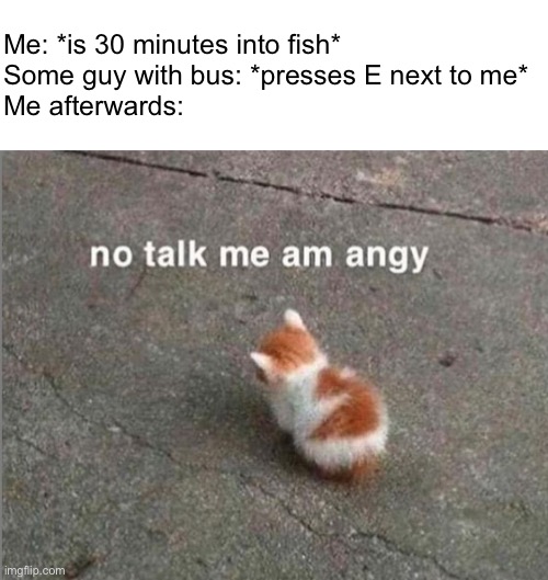 no talk me am angy | Me: *is 30 minutes into fish*
Some guy with bus: *presses E next to me*
Me afterwards: | image tagged in no talk me am angy | made w/ Imgflip meme maker
