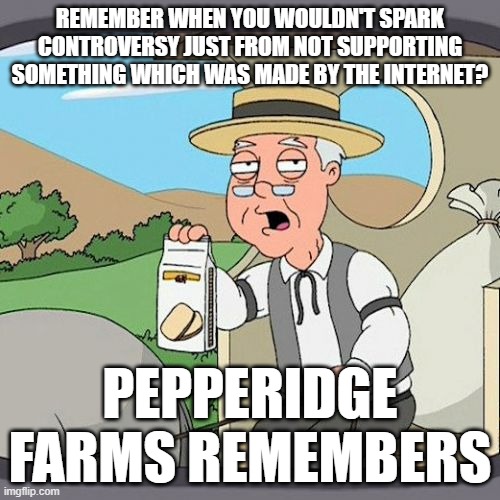 Pepperidge Farm Remembers | REMEMBER WHEN YOU WOULDN'T SPARK CONTROVERSY JUST FROM NOT SUPPORTING SOMETHING WHICH WAS MADE BY THE INTERNET? PEPPERIDGE FARMS REMEMBERS | image tagged in memes,pepperidge farm remembers | made w/ Imgflip meme maker
