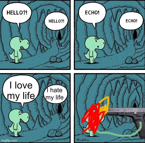 gun | I love my life; I hate my life | image tagged in echo | made w/ Imgflip meme maker