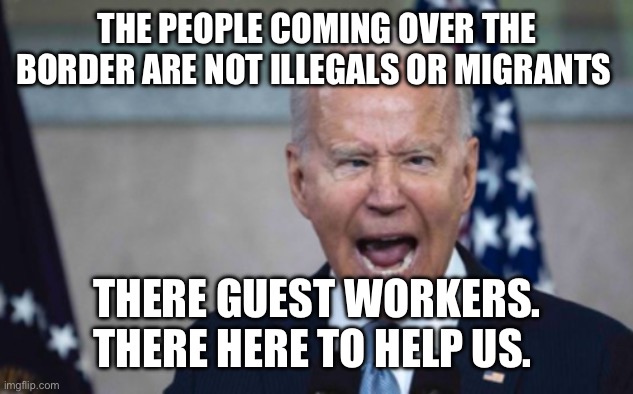 Biden Scream | THE PEOPLE COMING OVER THE BORDER ARE NOT ILLEGALS OR MIGRANTS; THERE GUEST WORKERS. THERE HERE TO HELP US. | image tagged in biden scream | made w/ Imgflip meme maker
