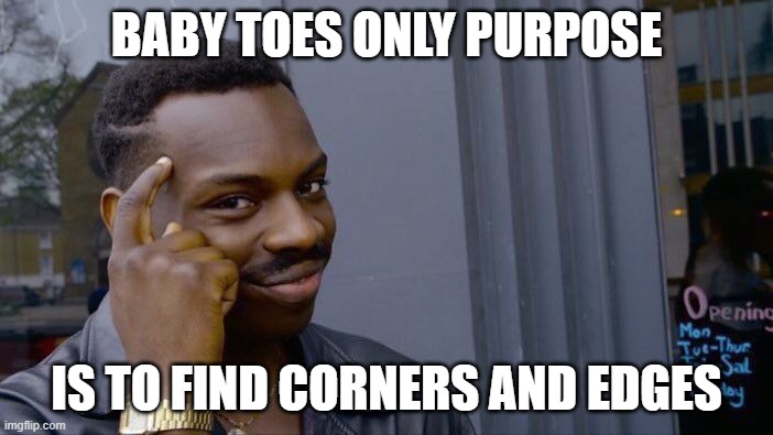 Roll Safe Think About It Meme | BABY TOES ONLY PURPOSE; IS TO FIND CORNERS AND EDGES | image tagged in memes,roll safe think about it | made w/ Imgflip meme maker