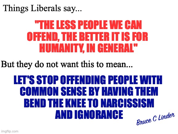 Things Liberals say...but do not mean. | Things Liberals say... "THE LESS PEOPLE WE CAN
OFFEND, THE BETTER IT IS FOR 
HUMANITY, IN GENERAL"; But they do not want this to mean... LET'S STOP OFFENDING PEOPLE WITH 
COMMON SENSE BY HAVING THEM
BEND THE KNEE TO NARCISSISM
AND IGNORANCE; Bruce C Linder | image tagged in liberals,being offended,tolerance,ignorance,common sense,narcissism | made w/ Imgflip meme maker