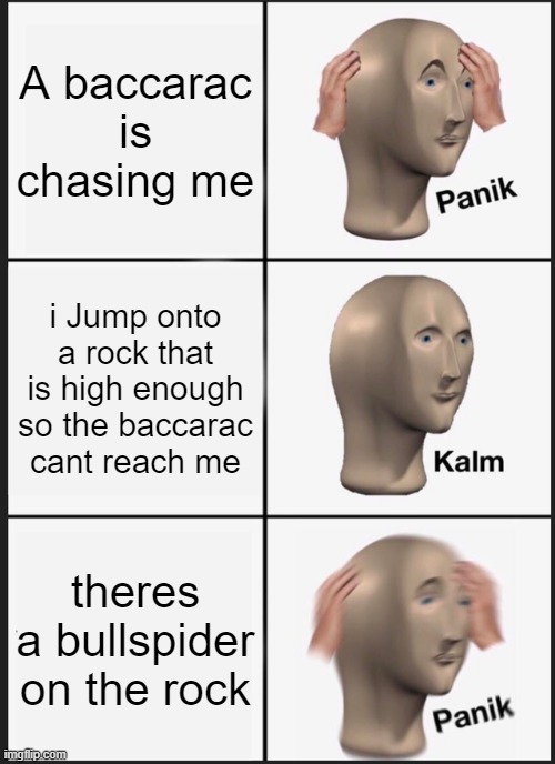 Panik Kalm Panik | A baccarac is chasing me; i Jump onto a rock that is high enough so the baccarac cant reach me; theres a bullspider on the rock | image tagged in memes,panik kalm panik | made w/ Imgflip meme maker
