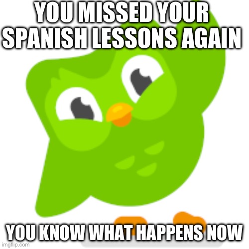 When you miss your Spanish lessons in duolingo | YOU MISSED YOUR SPANISH LESSONS AGAIN; YOU KNOW WHAT HAPPENS NOW | image tagged in duolingo memes | made w/ Imgflip meme maker