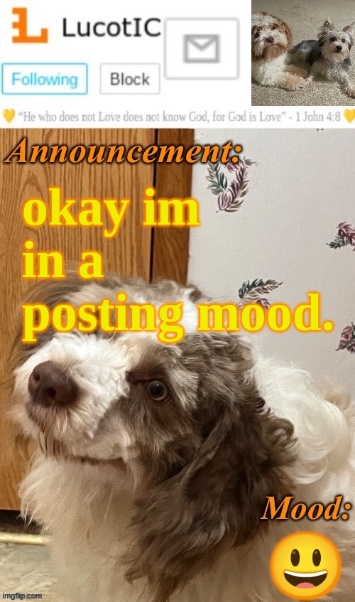 . | okay im in a posting mood. 😃 | image tagged in lucotic s fangz announcement temp thanks strike | made w/ Imgflip meme maker