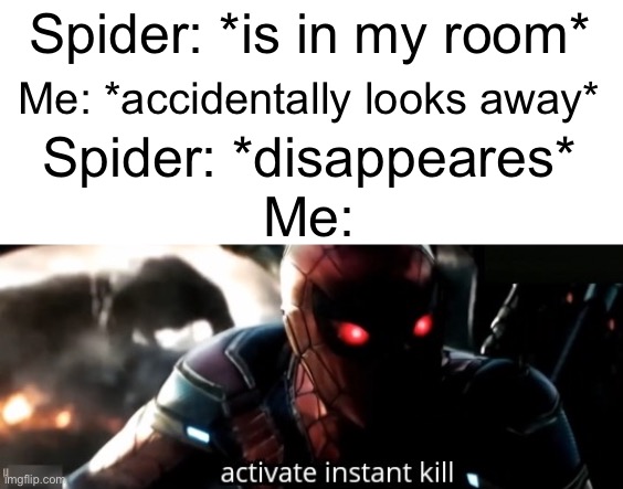 Where did that spider go?! | Spider: *is in my room*; Me: *accidentally looks away*; Spider: *disappeares*; Me: | image tagged in activate instant kill,memes,spider,funny,scared | made w/ Imgflip meme maker