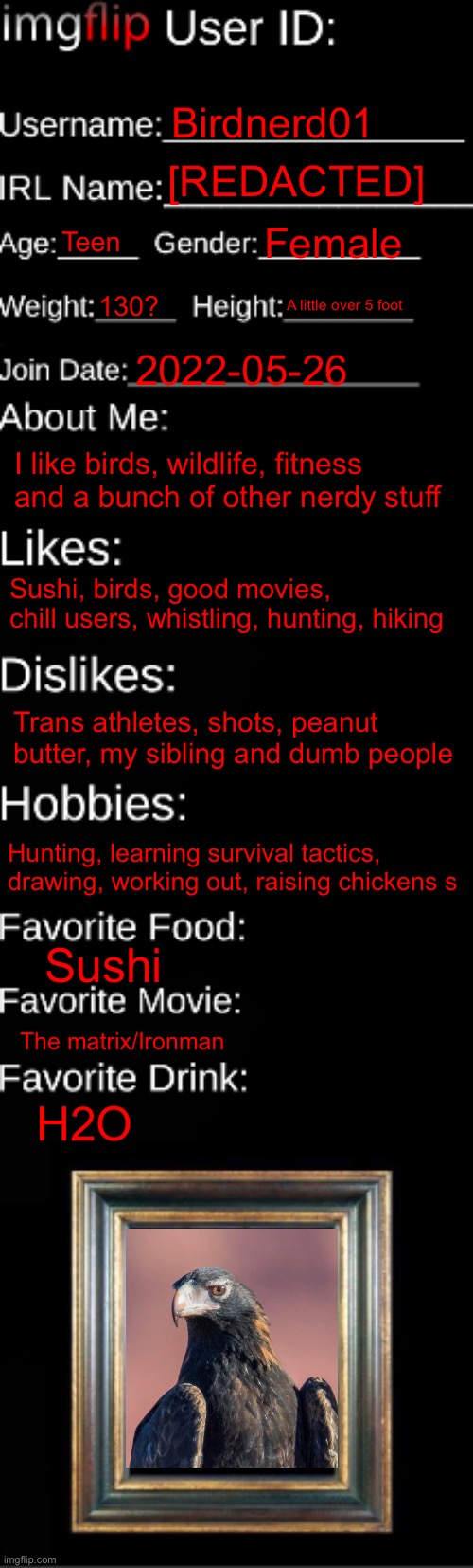 Updated ID card | Birdnerd01; [REDACTED]; Teen; Female; 130? A little over 5 foot; 2022-05-26; I like birds, wildlife, fitness and a bunch of other nerdy stuff; Sushi, birds, good movies, chill users, whistling, hunting, hiking; Trans athletes, shots, peanut butter, my sibling and dumb people; Hunting, learning survival tactics, drawing, working out, raising chickens s; Sushi; The matrix/Ironman; H2O | image tagged in imgflip id card | made w/ Imgflip meme maker