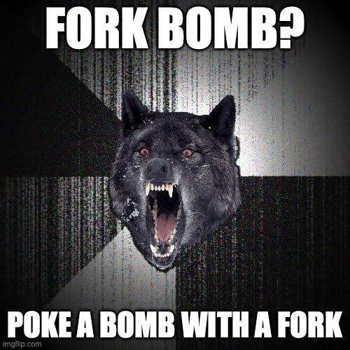 h | FORK BOMB? POKE A BOMB WITH A FORK | image tagged in memes,insanity wolf | made w/ Imgflip meme maker