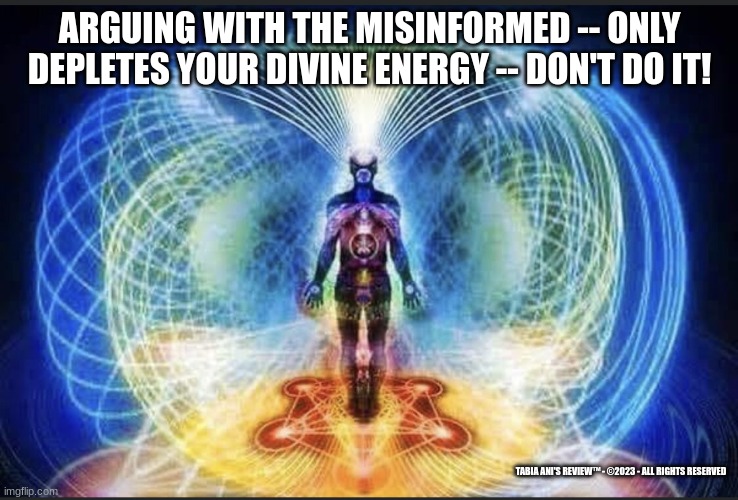 Divine | ARGUING WITH THE MISINFORMED -- ONLY DEPLETES YOUR DIVINE ENERGY -- DON'T DO IT! TABIA ANI'S REVIEW™ - ©2023 - ALL RIGHTS RESERVED | image tagged in misinformation | made w/ Imgflip meme maker