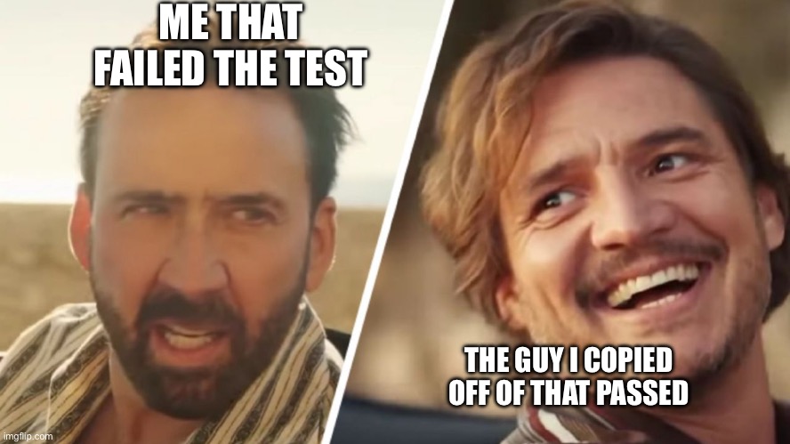 Nick Cage and Pedro pascal | ME THAT FAILED THE TEST; THE GUY I COPIED OFF OF THAT PASSED | image tagged in nick cage and pedro pascal | made w/ Imgflip meme maker