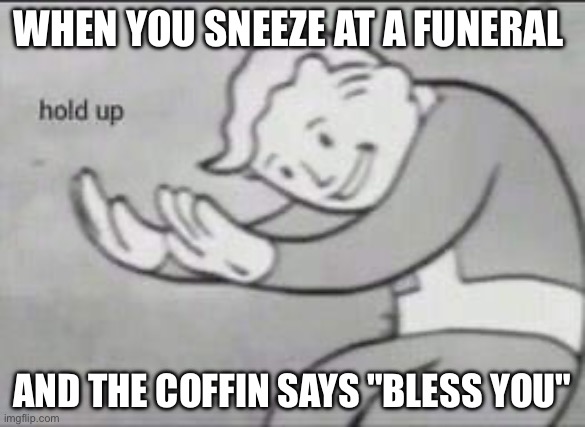 Wait a sec... | WHEN YOU SNEEZE AT A FUNERAL; AND THE COFFIN SAYS "BLESS YOU" | image tagged in fallout hold up | made w/ Imgflip meme maker