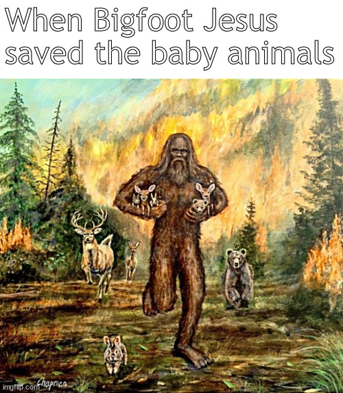 He made Bigfoot great again | When Bigfoot Jesus saved the baby animals | image tagged in memes,dark humor | made w/ Imgflip meme maker