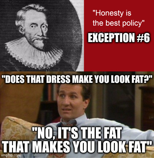 Sparing people's feelings. (Also self-preservation) | EXCEPTION #6; "DOES THAT DRESS MAKE YOU LOOK FAT?"; "NO, IT'S THE FAT THAT MAKES YOU LOOK FAT" | image tagged in honesty | made w/ Imgflip meme maker